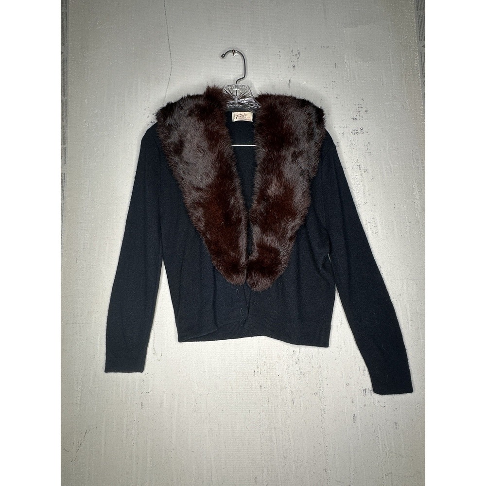 Vintage‎ 1960s Turbo Interlock Mink Collar Black Orlon Crop Sweater Cardigan